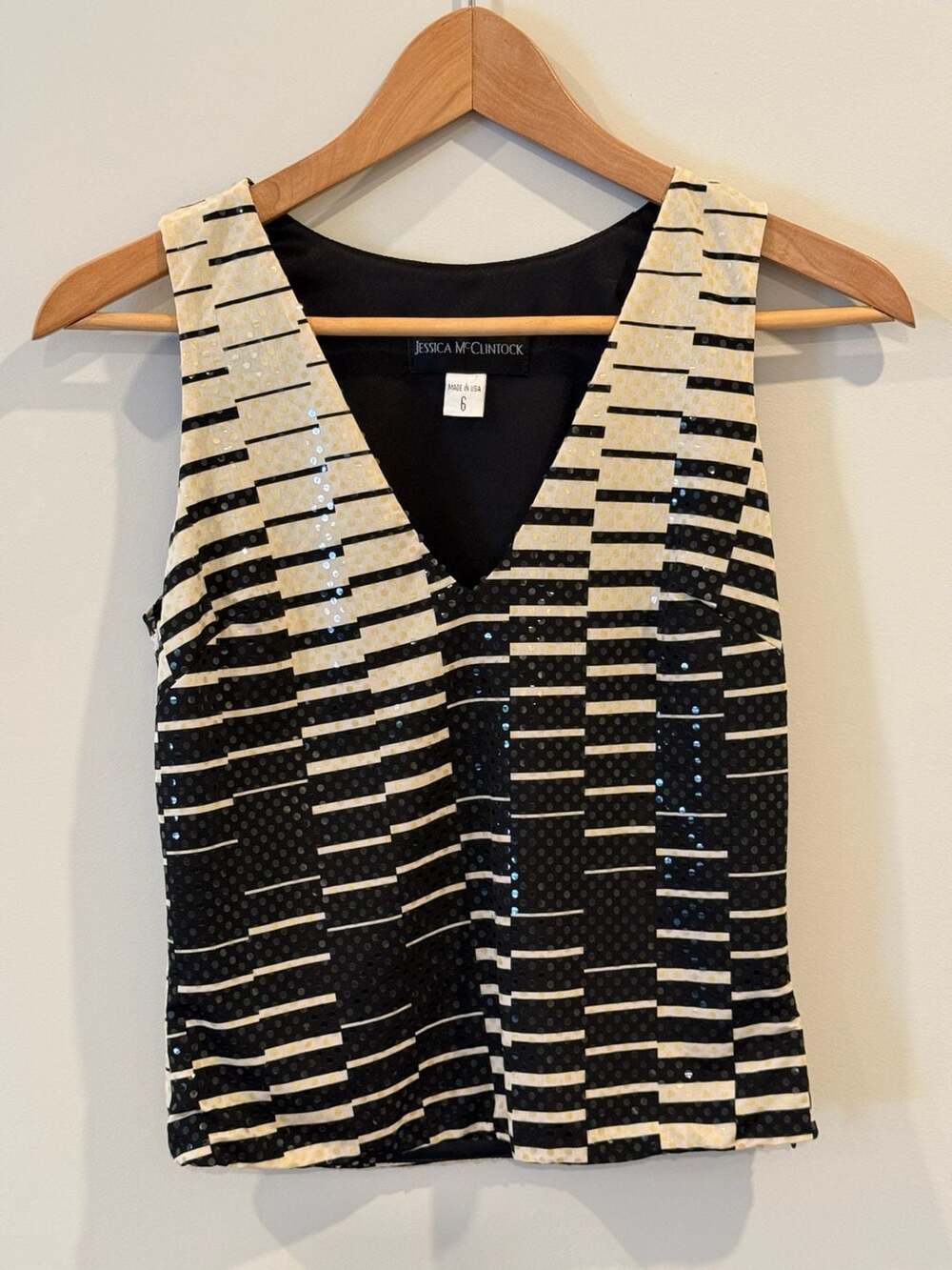 Jessica McClintock Black and Cream Striped Sequin V-Neck Tank Top Size 6